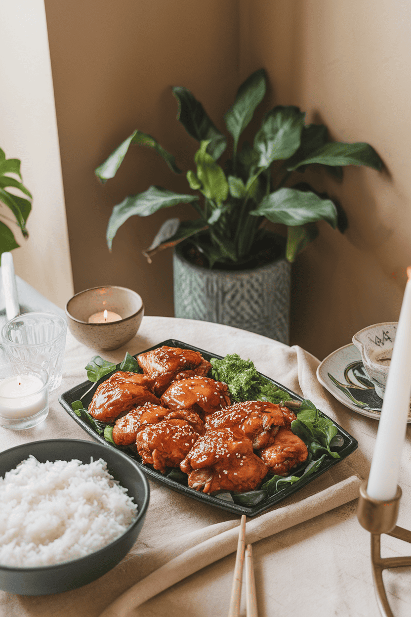 An indoor dining table with a platter of glazed teriyaki chicken thighs, sesame seeds sprinkled on top, and a bowl of white rice alongside. No logos or text present.