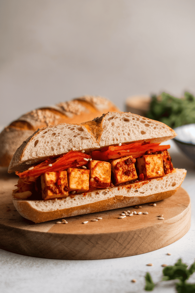 Indoor photo of a short baguette stuffed with crispy chili-marinated tofu cubes and bright red kimchi, sesame seeds sprinkled on top. No branding, soft light.