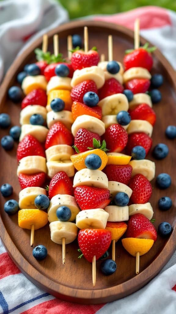 A wooden platter filled with colorful fruit kabobs featuring strawberries, bananas, and blueberries, with an American flag in the background.