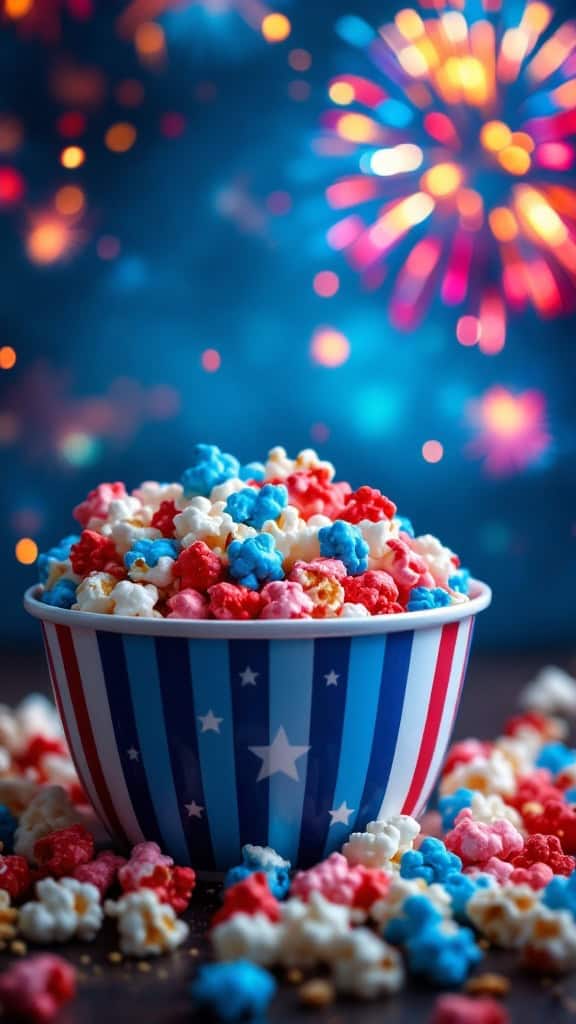 A bowl of colorful popcorn in red, white, and blue with fireworks in the background