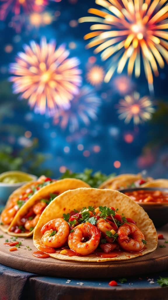 Delicious firecracker shrimp tacos with vibrant toppings and fireworks background.