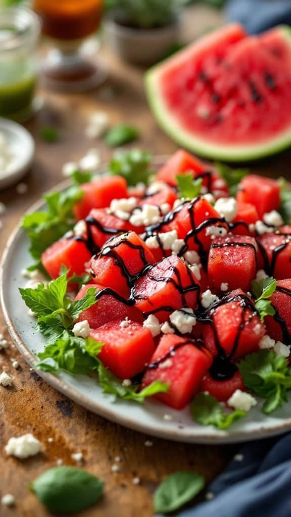 A vibrant salad featuring watermelon cubes, feta cheese, and fresh greens, drizzled with balsamic glaze.