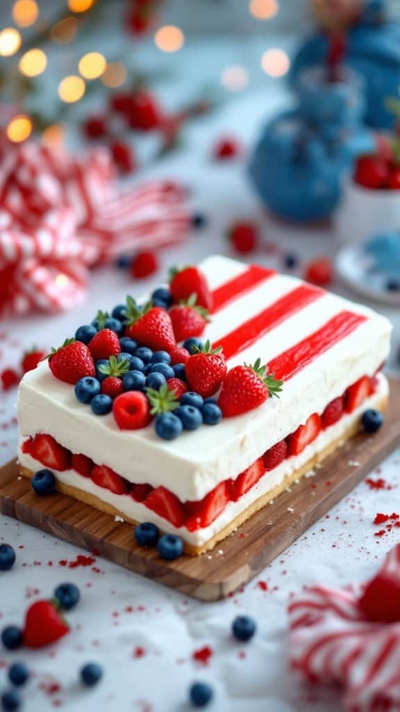 A patriotic Flag Cake decorated with cream cheese frosting, strawberries, and blueberries.
