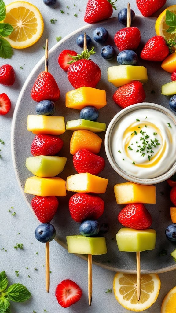 Colorful fruit skewers with strawberries, blueberries, and melon served with a honey yogurt dip.