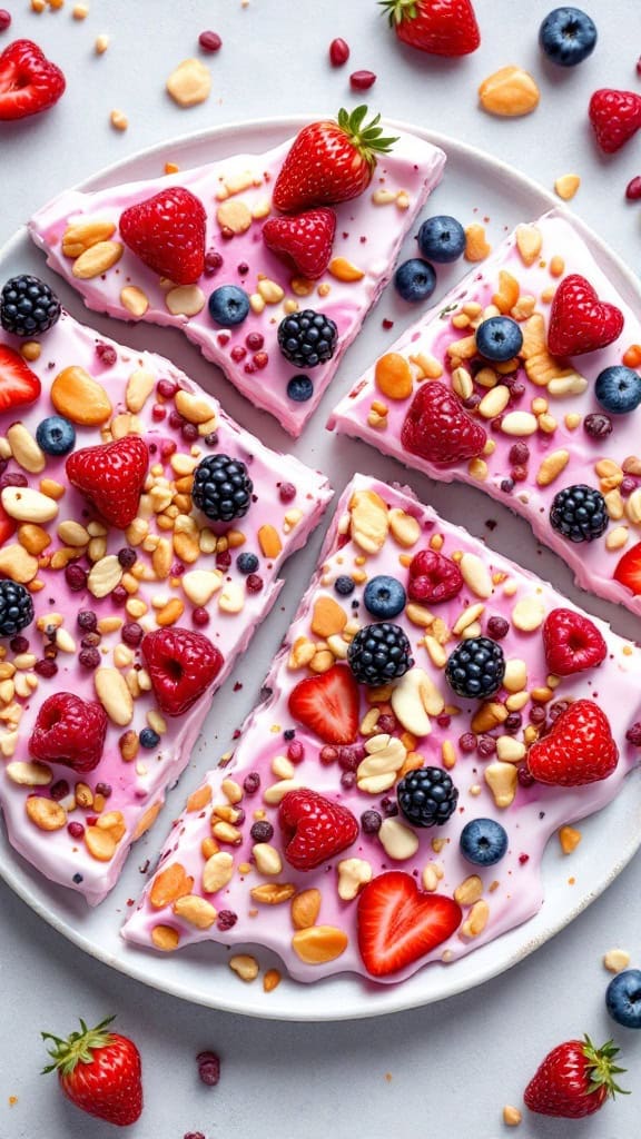 Frozen yogurt bark topped with strawberries, blueberries, and blackberries on a plate.