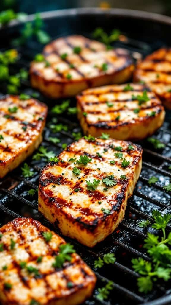 Grilled garlic and herb tofu steaks on a grill