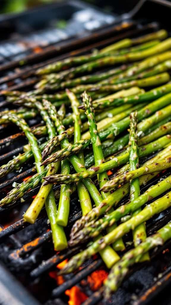 Grilled asparagus on a barbecue grill.