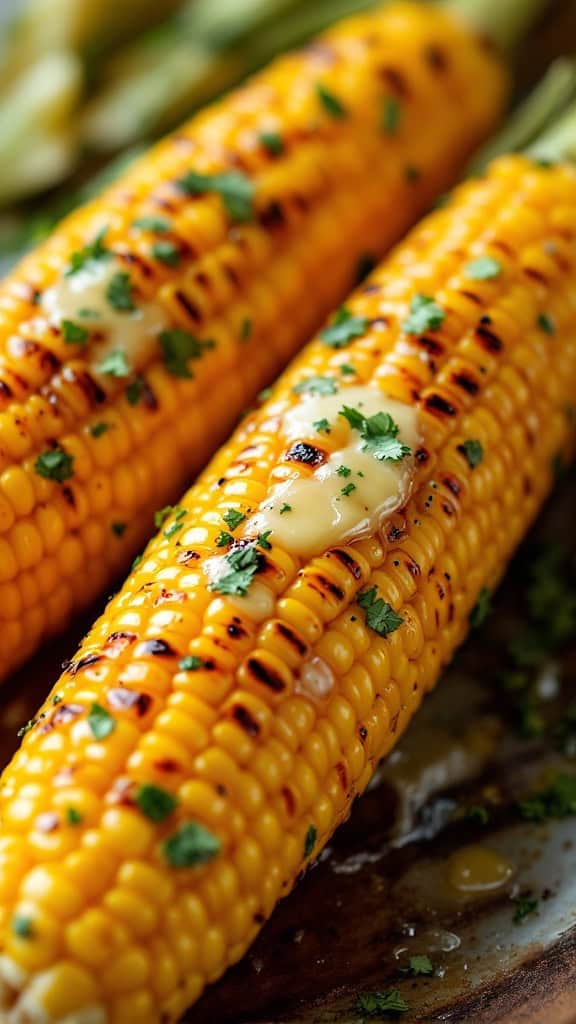Two grilled corn on the cob with garlic and herbs