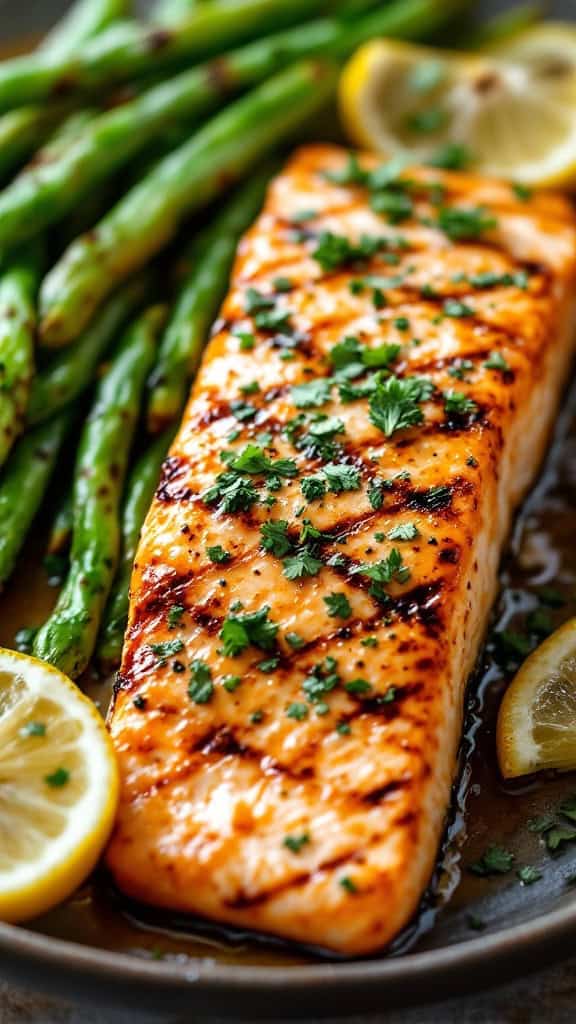 Grilled salmon fillet garnished with herbs and lemon, served with green asparagus.