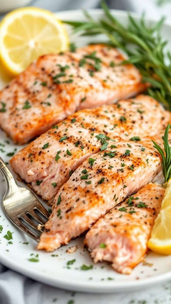 Grilled salmon fillets garnished with herbs and lemon slices