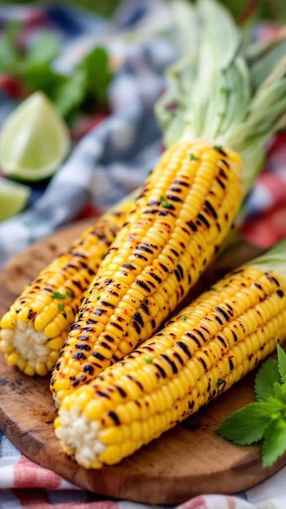 Two grilled corn cobs on a striped cloth with green garnish.