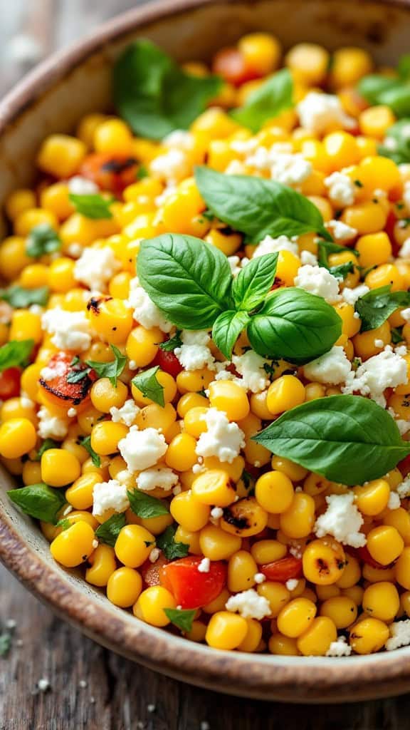 A bowl of grilled corn salad with feta and basil, featuring yellow corn kernels, crumbled feta cheese, and fresh basil leaves.