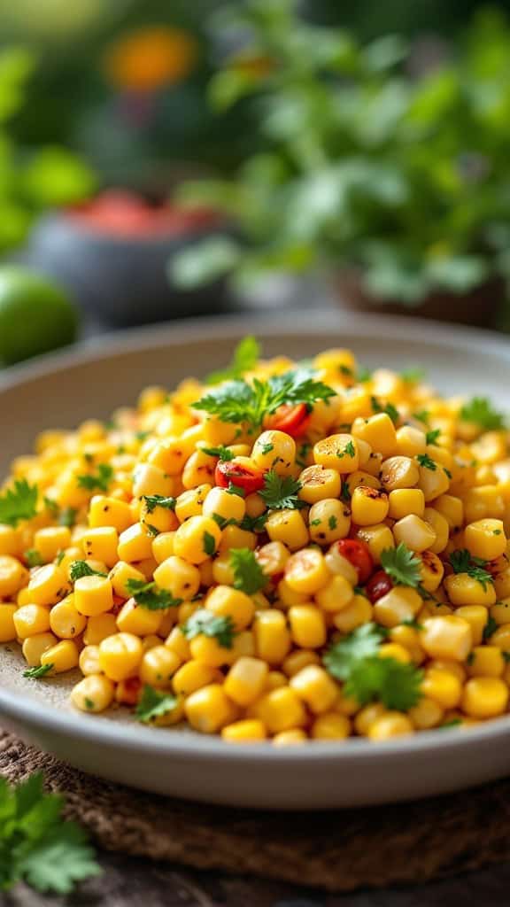 A vibrant grilled corn salad with lime dressing garnished with cilantro.