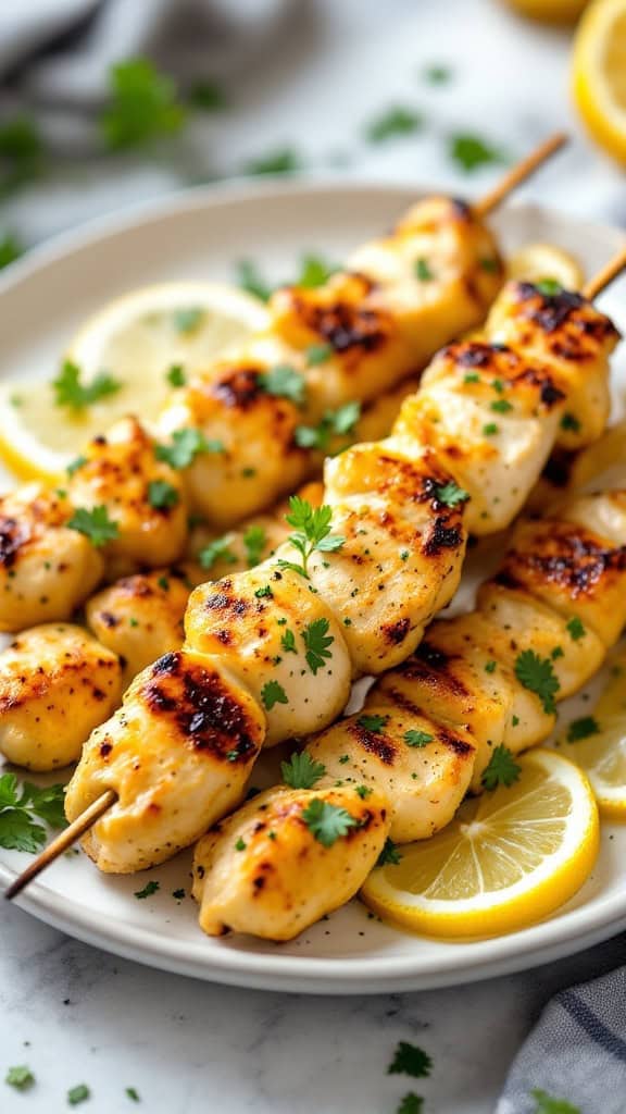 Grilled lemon herb chicken skewers on a plate with lemon slices and herbs.
