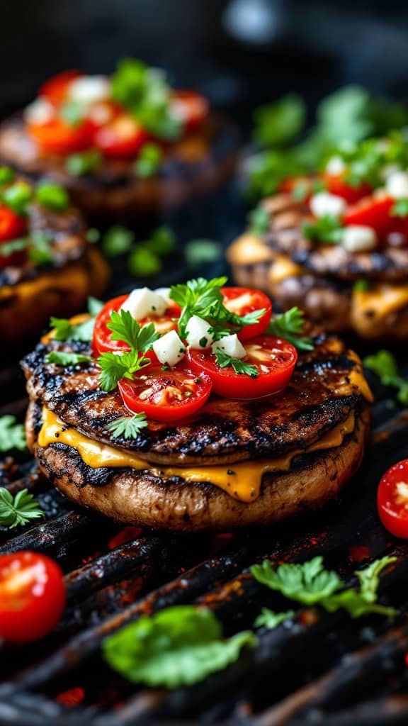 Grilled portobello mushroom burgers topped with cheese, tomatoes, and herbs on a grill.