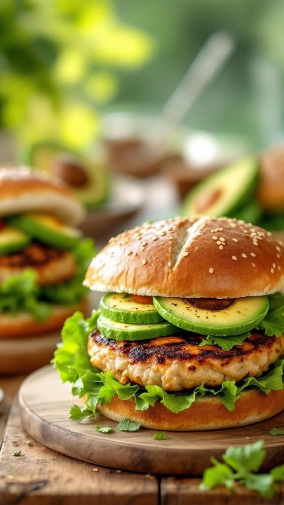 Grilled turkey burger with avocado slices on a wooden board
