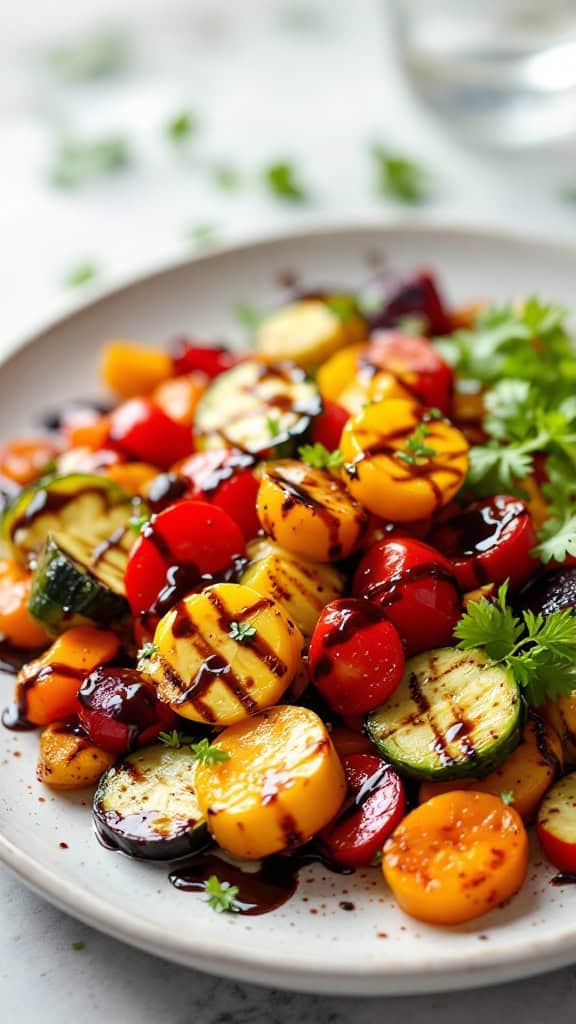 Colorful grilled vegetables drizzled with balsamic glaze on a plate.
