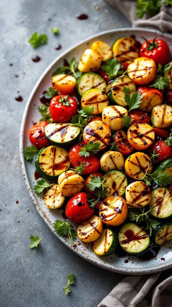 A vibrant platter of grilled vegetables drizzled with balsamic reduction.