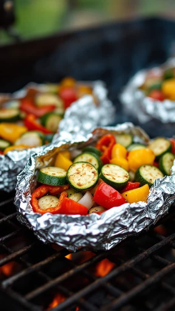Grilled vegetable packets on a barbecue grill, featuring colorful zucchini, bell peppers, and onions.