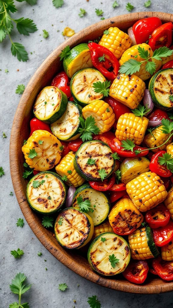 A wooden bowl filled with grilled vegetables including zucchini, corn, and bell peppers garnished with fresh herbs.
