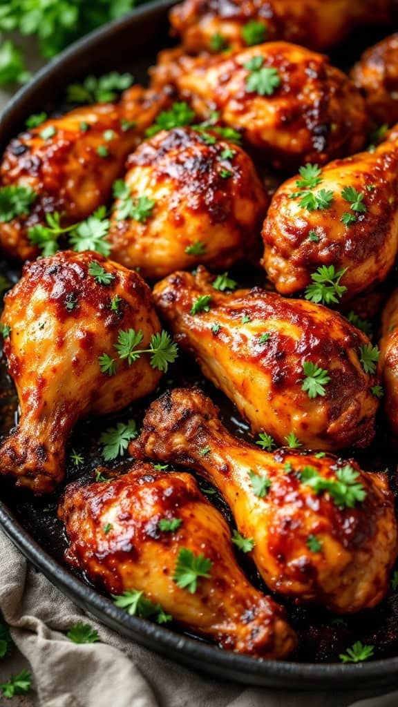A platter of healthy BBQ chicken drumsticks garnished with parsley.