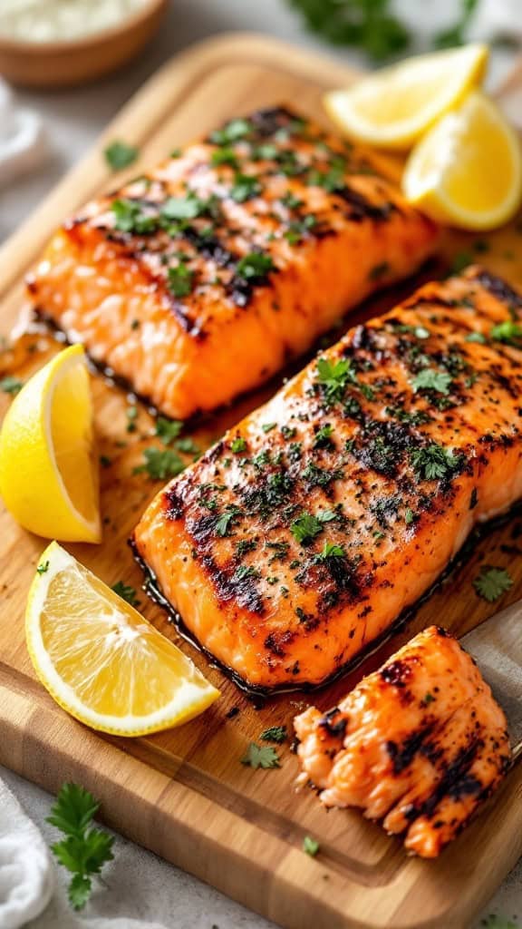Grilled herb-crusted salmon fillets with lemon slices on a wooden board.