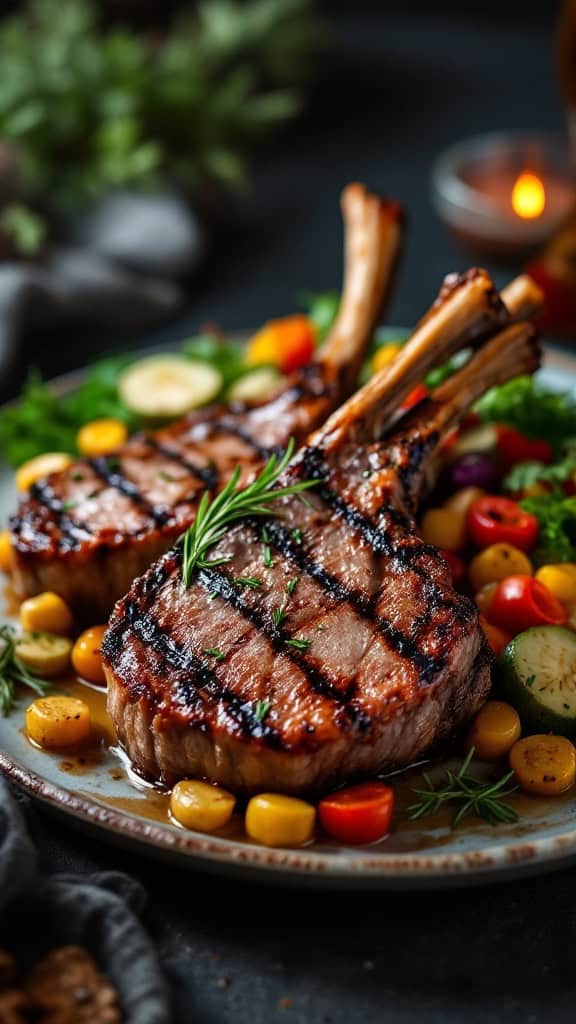 Grilled lamb chops served with colorful vegetables on a plate.
