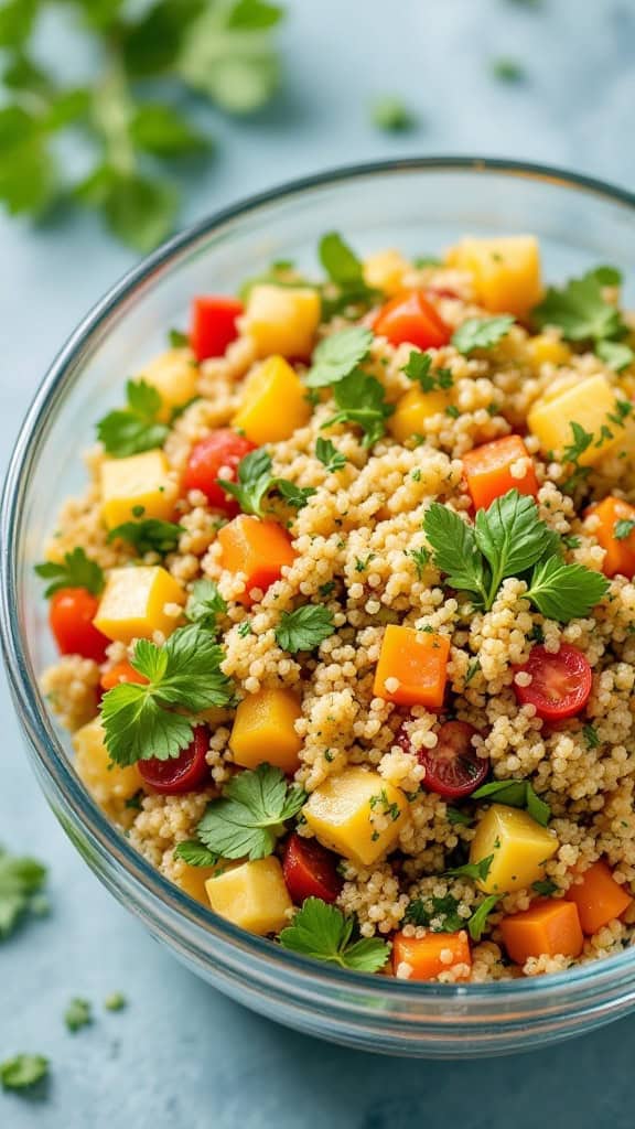 A bowl of herbed quinoa salad with colorful vegetables and fresh herbs.