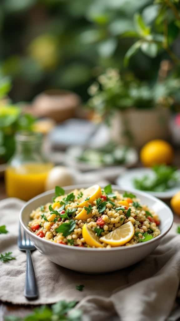 A bowl of herbed quinoa salad with lemon slices, garnished with parsley.