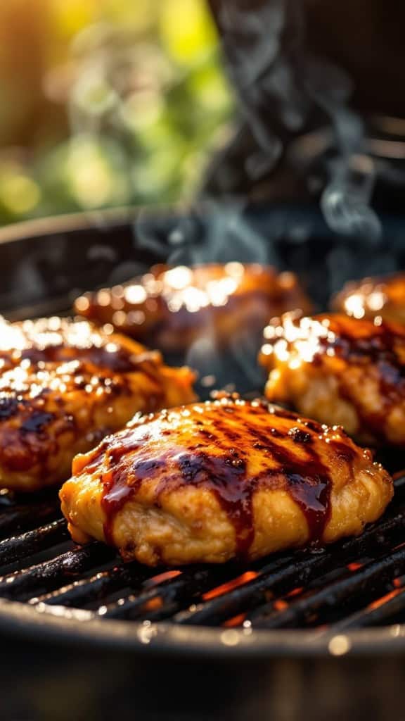 Grilled honey-glazed chicken thighs on a BBQ grill, smoky background.
