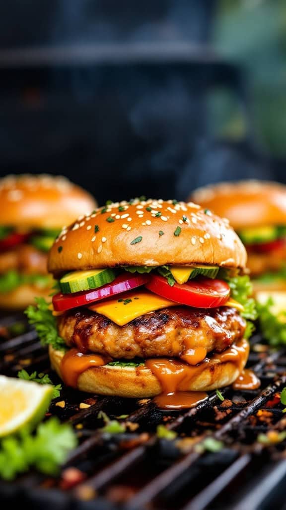 Delicious honey mustard BBQ turkey burger with toppings on a grill.