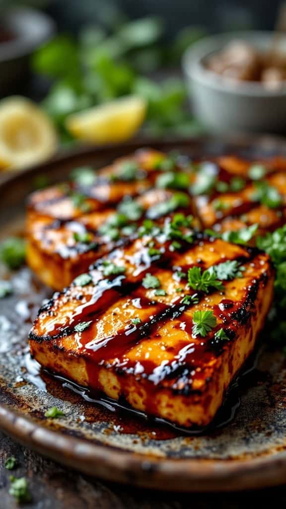 Grilled honey soy glazed tofu steaks on a plate with herbs and sauce.