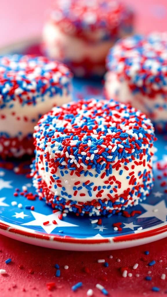 Ice cream sandwiches decorated with red, white, and blue sprinkles on a star-patterned plate.