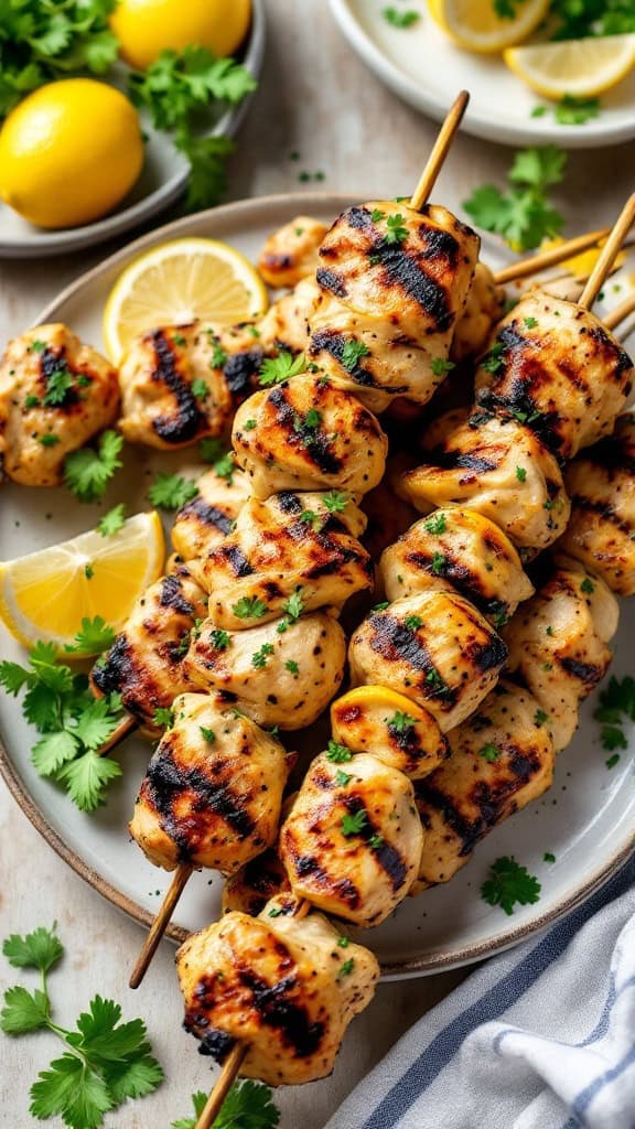 Grilled chicken skewers garnished with parsley and lemon slices on a plate.