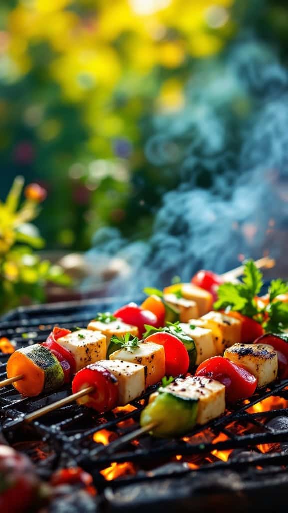 Grilled marinated vegetable and halloumi kebabs on a barbecue.