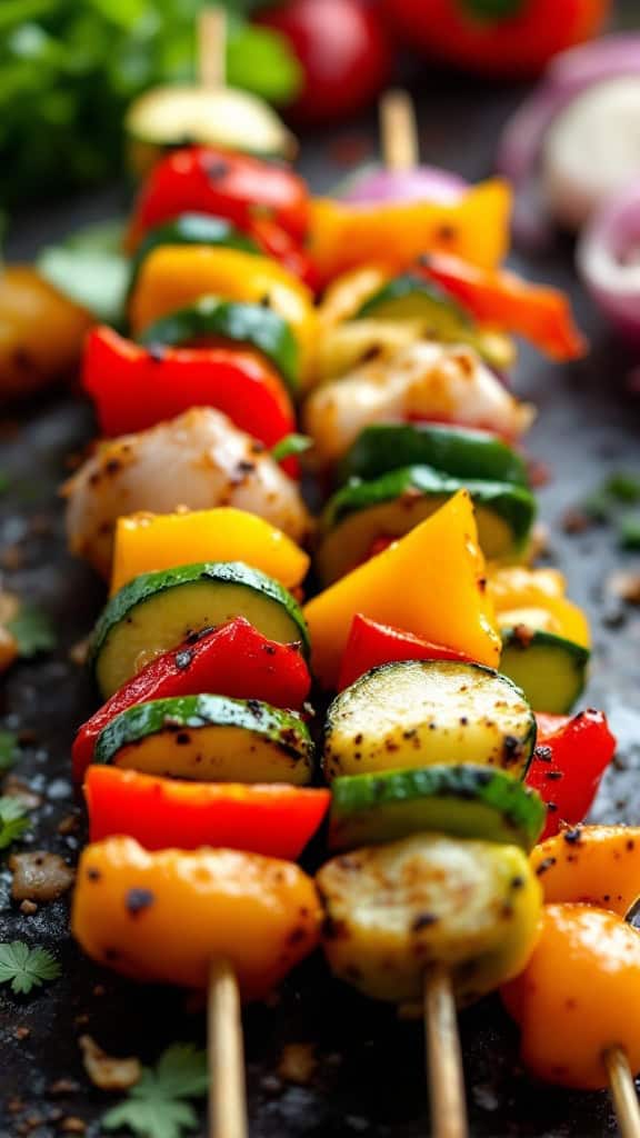 Colorful vegetable skewers with bell peppers, zucchini, and onions ready for grilling.