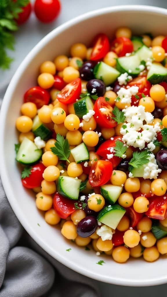 A colorful Mediterranean chickpea salad with cucumbers, cherry tomatoes, olives, and feta cheese.