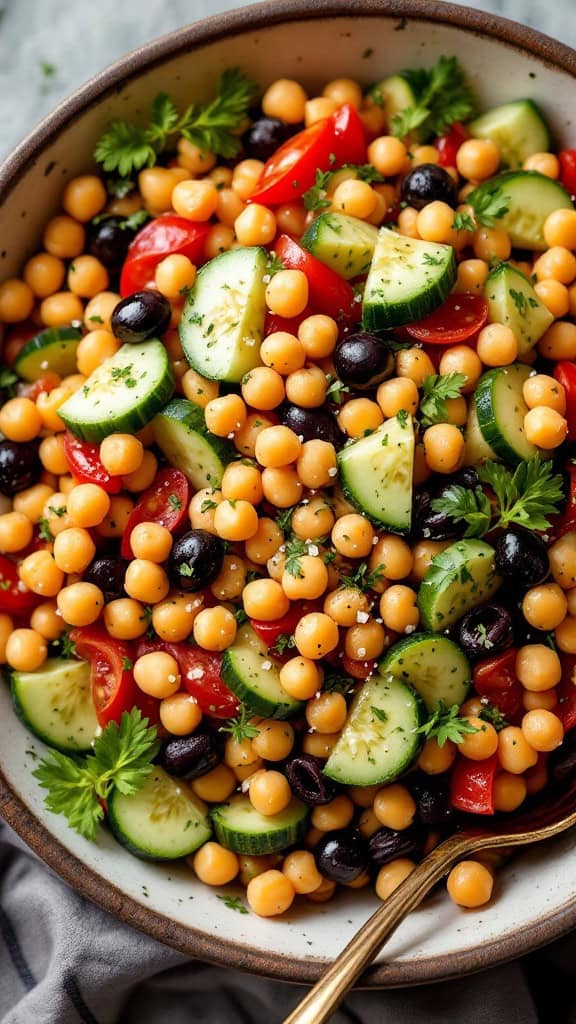 A vibrant Mediterranean chickpea salad with cucumbers, tomatoes, black olives, and chickpeas in a bowl.
