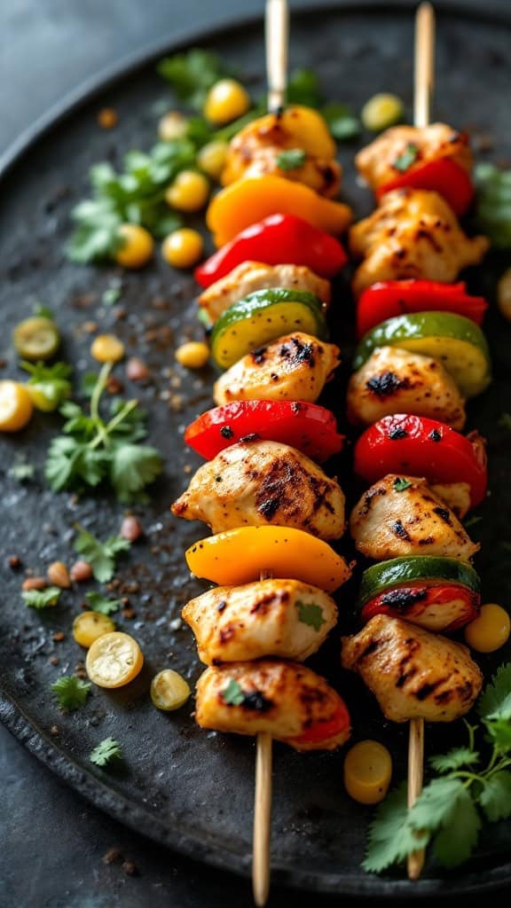 Grilled chicken kabobs with colorful vegetables on skewers
