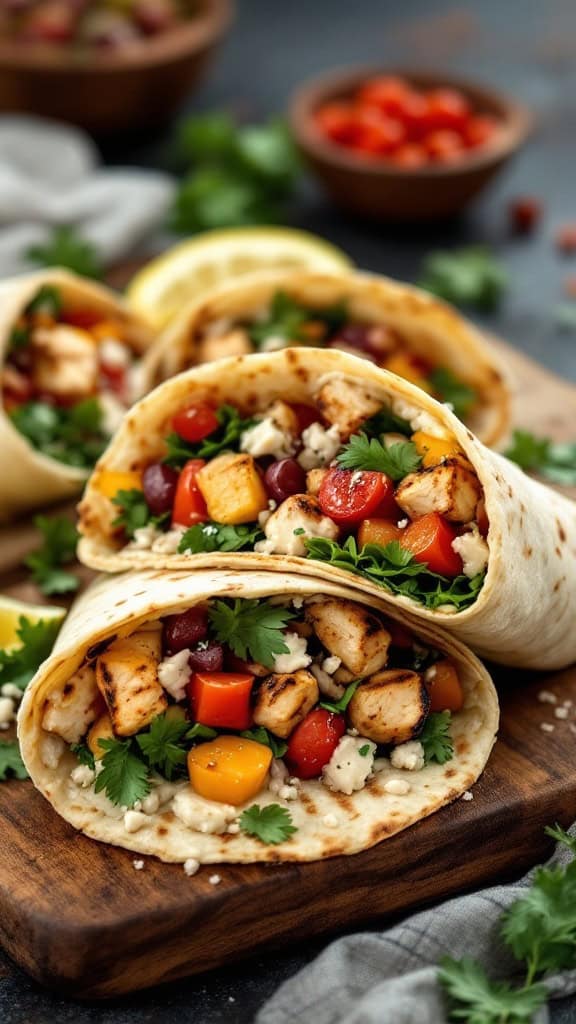 Mediterranean grilled chicken wraps filled with colorful vegetables and herbs on a wooden board.