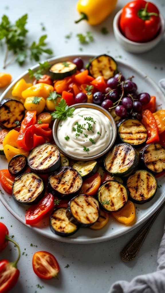 A colorful platter of grilled vegetables including zucchini, bell peppers, and tomatoes served with a creamy dip.