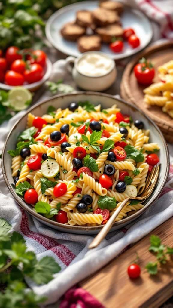 A bowl of Mediterranean pasta salad with colorful veggies, olives, and a fork on the side.
