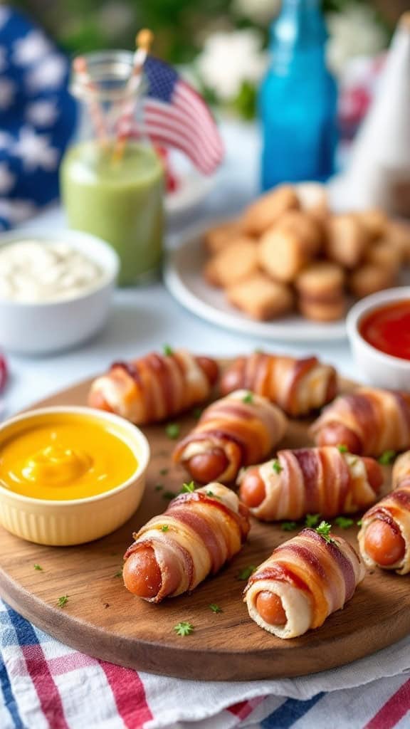 A plate of mini bacon-wrapped hot dogs with dipping sauces and garnishes.