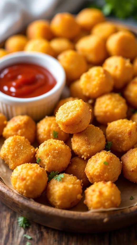 A plate of mini corn dog bites with ketchup on the side.