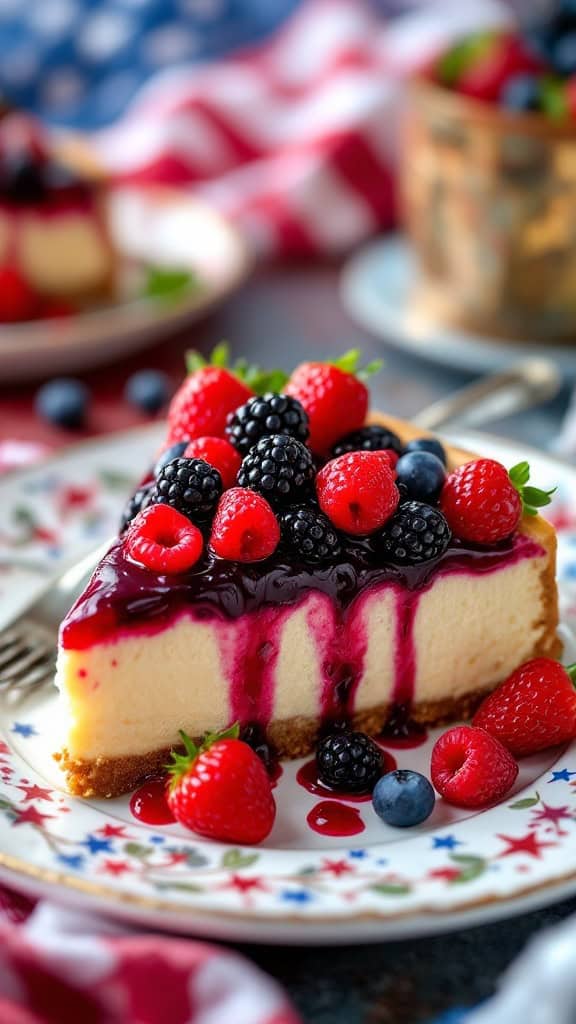A slice of no-bake cheesecake topped with berries on a festive plate.