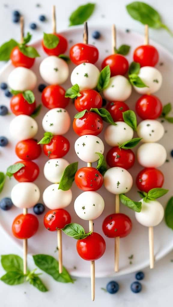 Patriotic Caprese skewers with cherry tomatoes, mozzarella, basil, and blue berries on a blue background