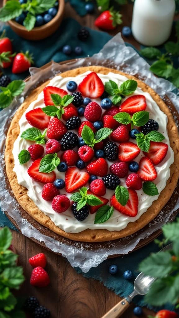 A fruit pizza topped with strawberries, blueberries, and raspberries, garnished with mint leaves.