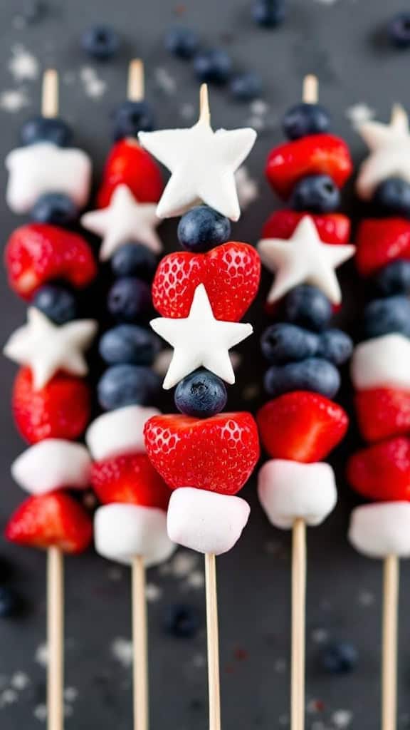 Fruit skewers with strawberries, blueberries, and star-shaped melon.