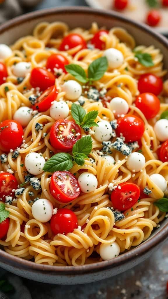 A vibrant bowl of pasta salad with cherry tomatoes, mozzarella balls, and basil.