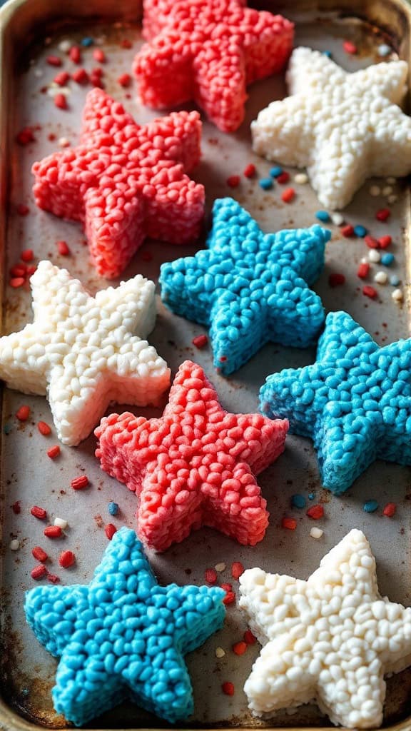 Red, white, and blue star-shaped rice krispie treats on a tray.